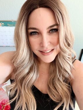 Long Wavy Blonde Ombre Synthetic Wig - Rooted Ash Blonde